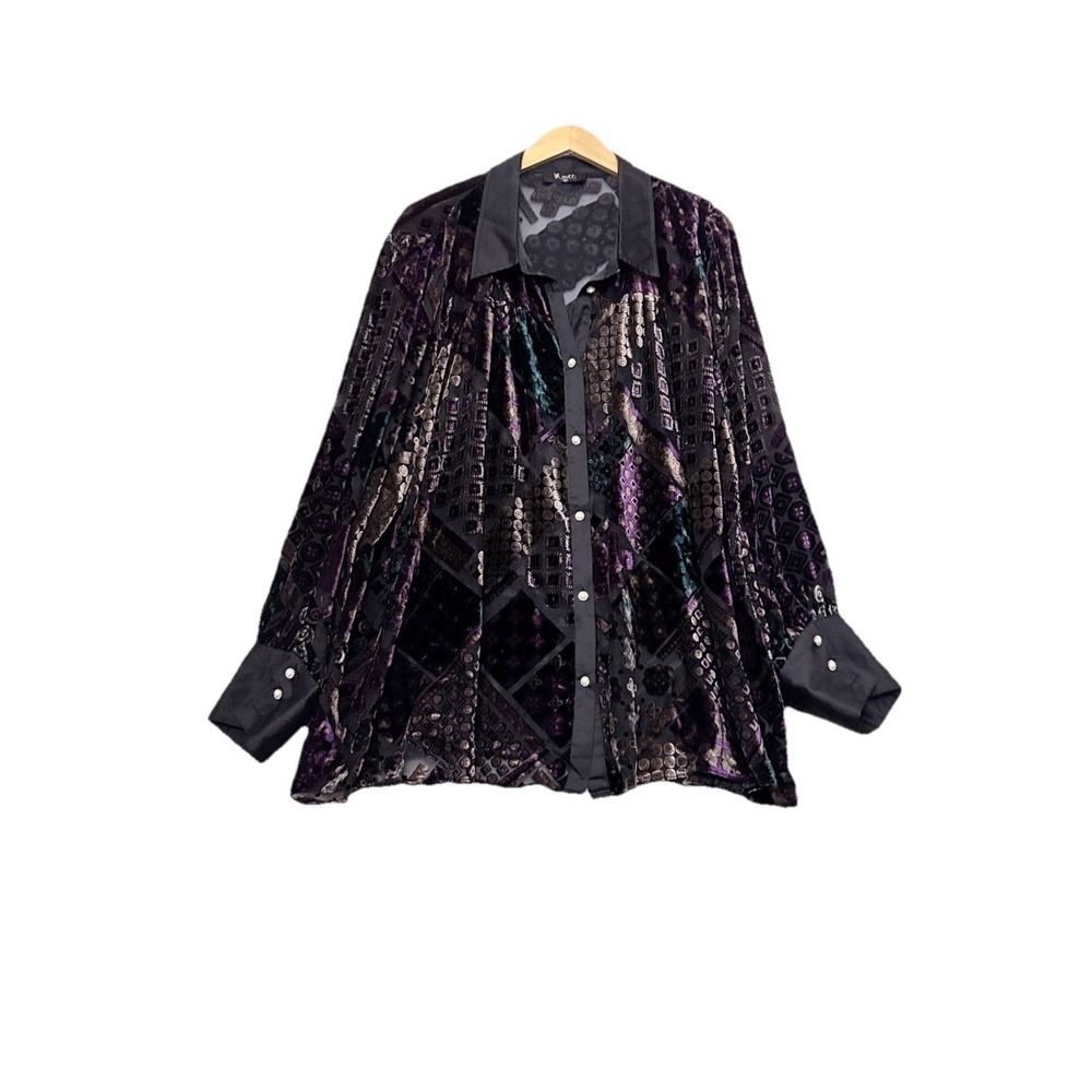 Meritt Velvet Burnout Satin Button Up Top Grunge Rave Dark Romantic Retro VTG 3X
